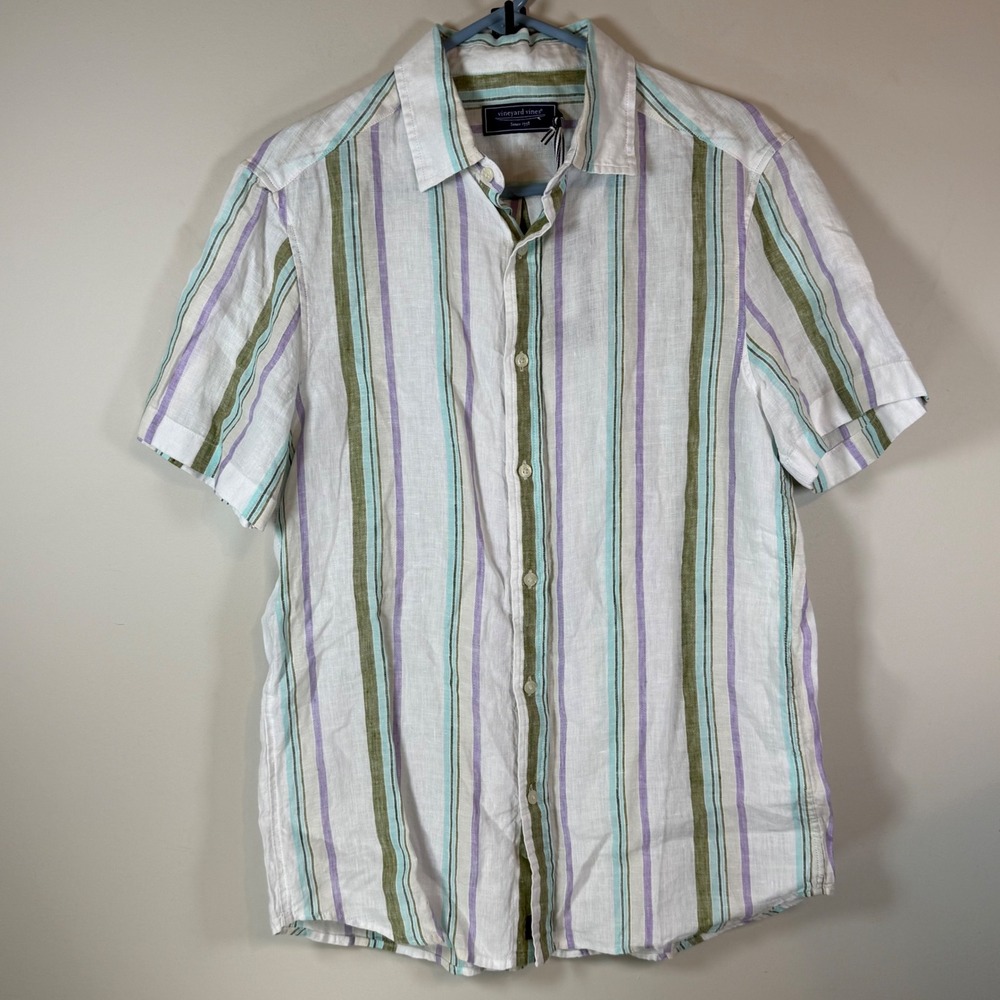 NEW Vineyard Vines Stripe Linen SS Shirt Mens S Andros Blue NWT 1W012219-D460-S